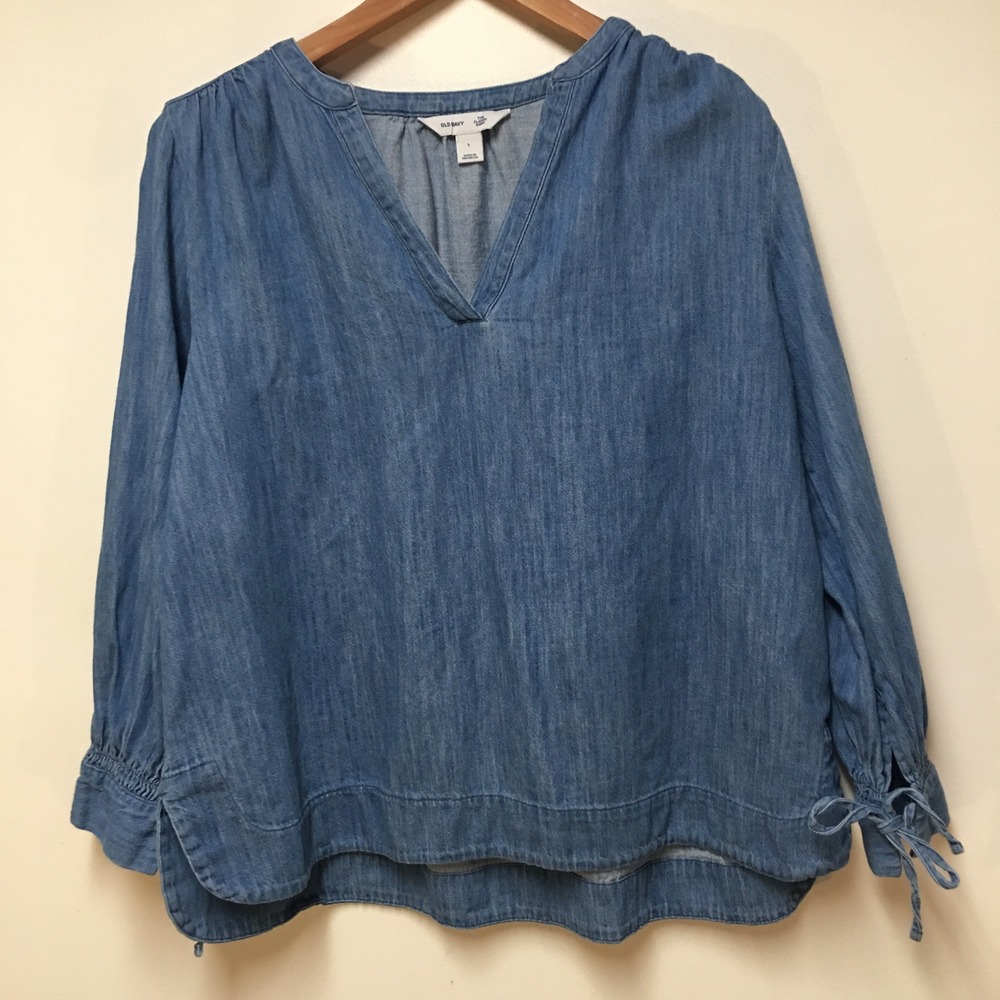 Old Navy Denim Blouse Women Large Blue LS Split Neck Tie Cuff Medium Wash Relax